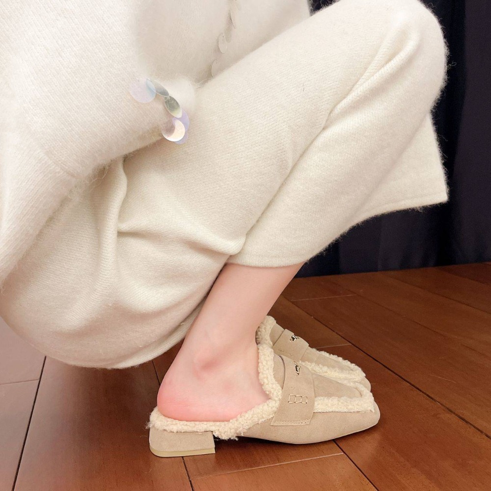 毛絨樂福拖鞋 秋冬保暖鞋 女生厚底拖鞋 內刷毛拖鞋 一腳蹬懶人鞋 室內外兩穿鞋 柔軟防滑鞋 G255-細節圖6