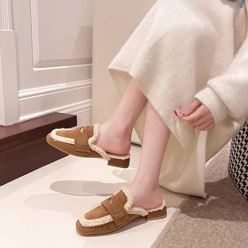 毛絨樂福拖鞋 秋冬保暖鞋 女生厚底拖鞋 內刷毛拖鞋 一腳蹬懶人鞋 室內外兩穿鞋 柔軟防滑鞋 G255-細節圖9