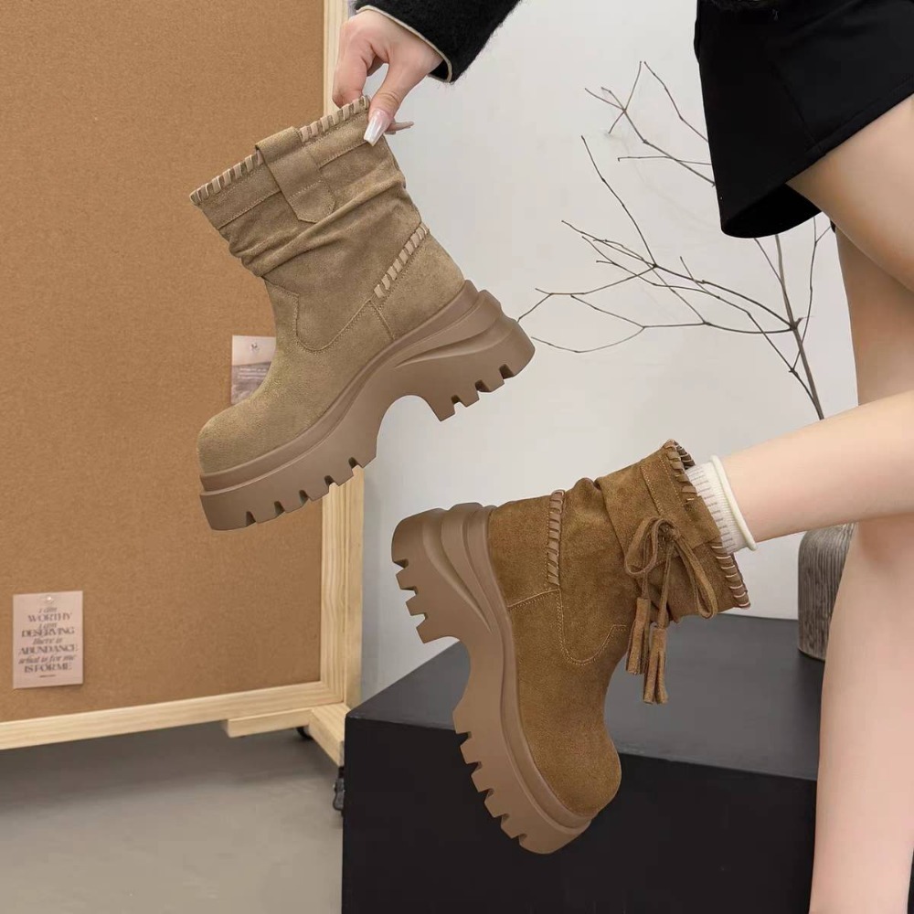 厚底絨面短靴 綁帶流蘇設計 防滑粗跟保暖靴 女生秋冬靴子 顯腿長氣質百搭 短靴 絨面靴 綁帶靴 防滑靴 女靴 9-3-細節圖3