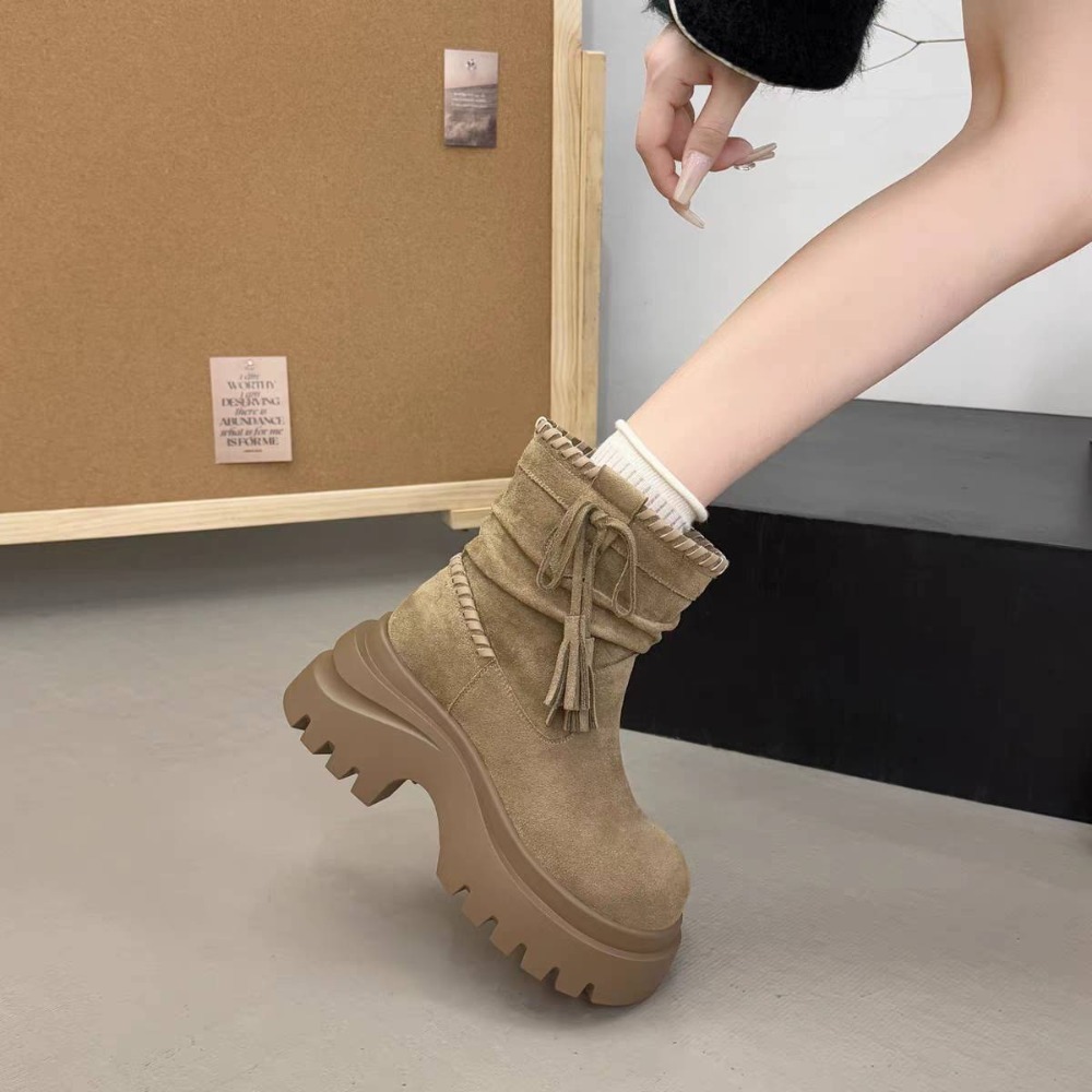 厚底絨面短靴 綁帶流蘇設計 防滑粗跟保暖靴 女生秋冬靴子 顯腿長氣質百搭 短靴 絨面靴 綁帶靴 防滑靴 女靴 9-3-細節圖5