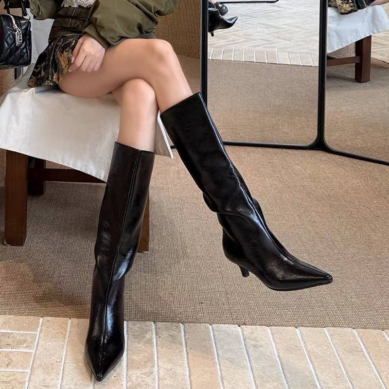 尖頭靴 長靴 小貓跟靴 漆皮靴 時尚靴 顯瘦靴 秋冬靴 女生靴 百搭靴 韓系靴 氣場靴-細節圖6
