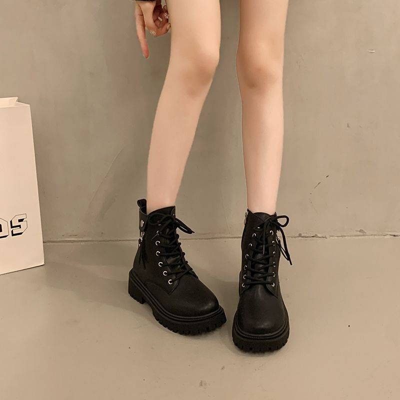 大尺碼42 短筒馬丁靴 厚底女靴 綁帶軍靴 粗底增高靴 側拉鍊靴 韓系酷帥短靴 工裝風女靴 防滑耐走靴 歐美穿搭1825-細節圖2