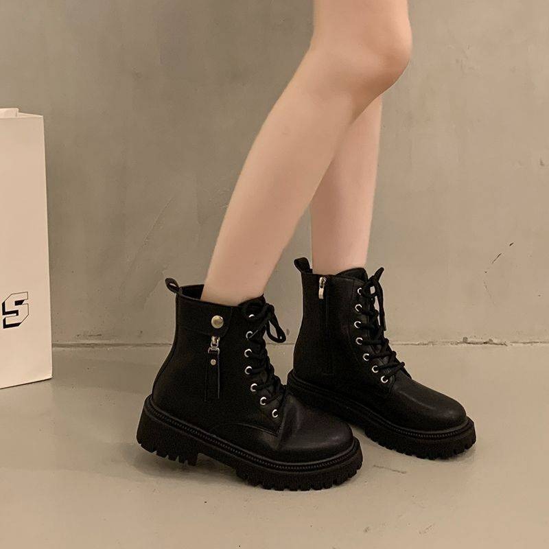 大尺碼42 短筒馬丁靴 厚底女靴 綁帶軍靴 粗底增高靴 側拉鍊靴 韓系酷帥短靴 工裝風女靴 防滑耐走靴 歐美穿搭1825-細節圖3