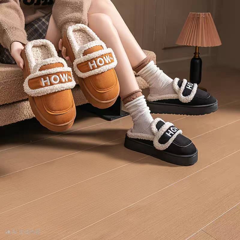 冬季毛毛鞋 保暖便鞋 厚底舒適拖鞋 居家外出兩穿鞋 字母魔鬼氈設計 防滑耐走厚底毛拖 懶人穿搭必備 內裏柔軟QQ9007-細節圖3