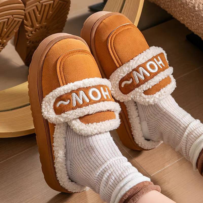 冬季毛毛鞋 保暖便鞋 厚底舒適拖鞋 居家外出兩穿鞋 字母魔鬼氈設計 防滑耐走厚底毛拖 懶人穿搭必備 內裏柔軟QQ9007-細節圖4
