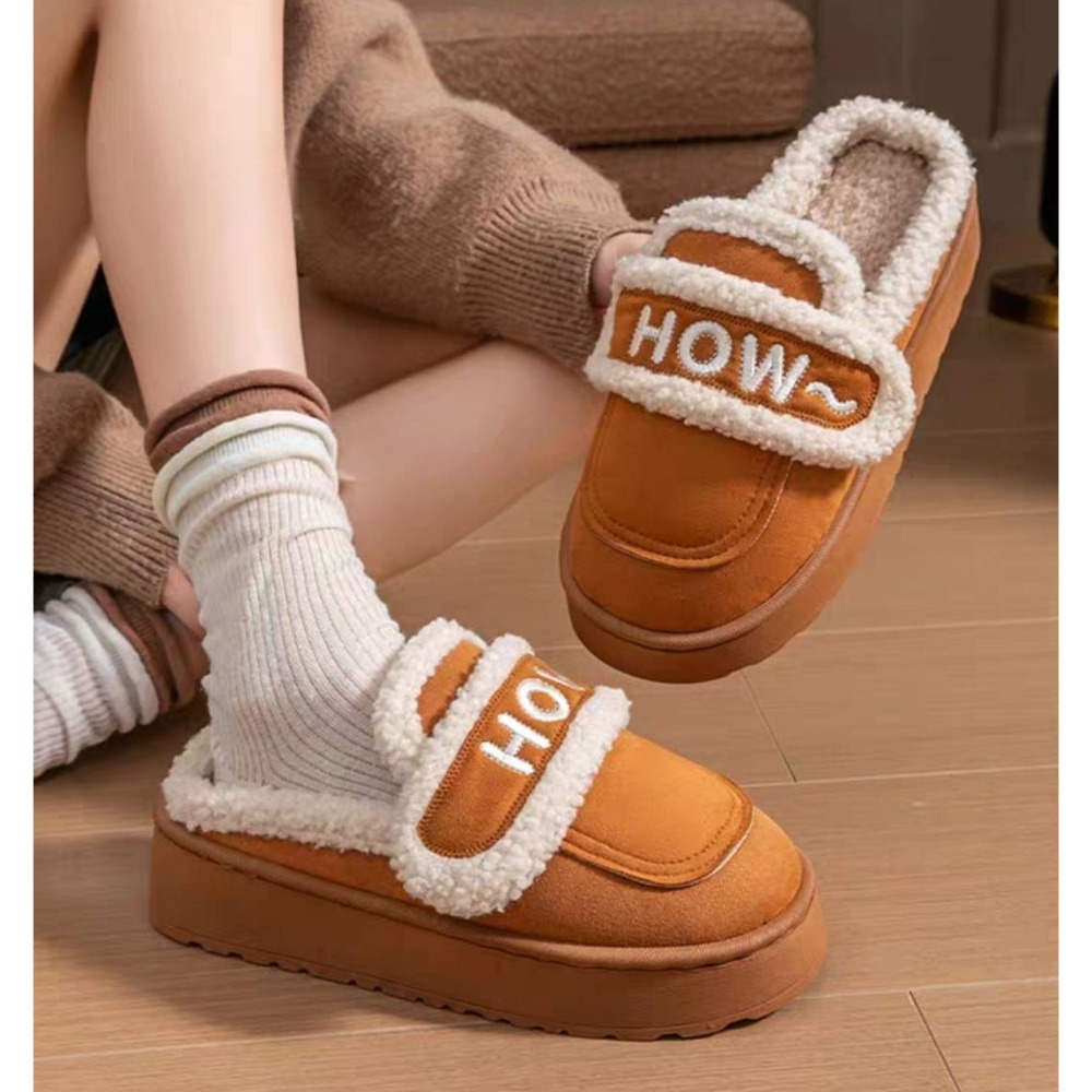 冬季毛毛鞋 保暖便鞋 厚底舒適拖鞋 居家外出兩穿鞋 字母魔鬼氈設計 防滑耐走厚底毛拖 懶人穿搭必備 內裏柔軟QQ9007-細節圖5
