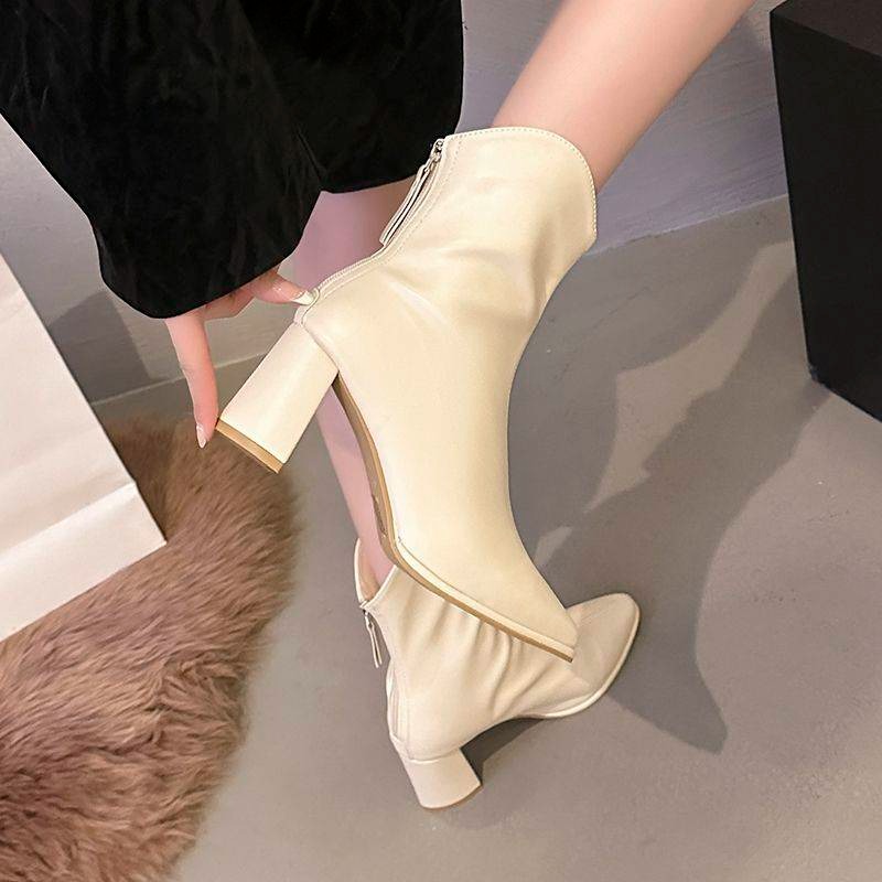 尖頭中筒靴 粗跟高跟靴 顯瘦修長腿型時髦氣質短靴 穿脫方便後拉鍊設計 微尖楦優雅百搭 不挑腿型不咬腳 約會通勤D1199-細節圖4