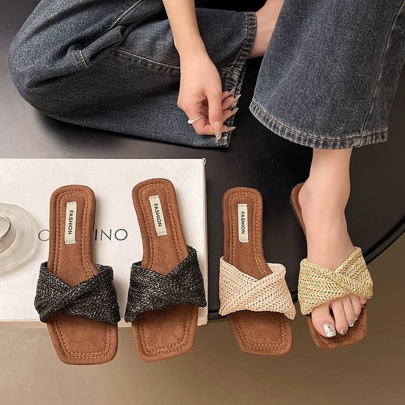 編織拖鞋 女拖鞋 草編拖鞋 交叉拖鞋 休閒拖鞋 夏季拖鞋 度假拖鞋 海邊拖鞋 平底拖鞋 百搭涼拖 韓系拖鞋 H1101-細節圖2