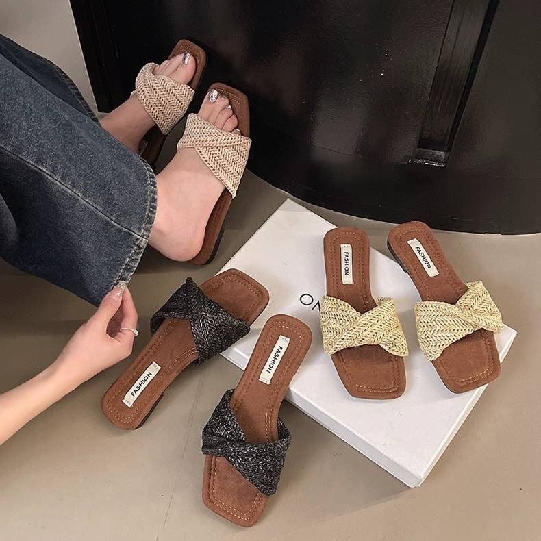 編織拖鞋 女拖鞋 草編拖鞋 交叉拖鞋 休閒拖鞋 夏季拖鞋 度假拖鞋 海邊拖鞋 平底拖鞋 百搭涼拖 韓系拖鞋 H1101-細節圖3