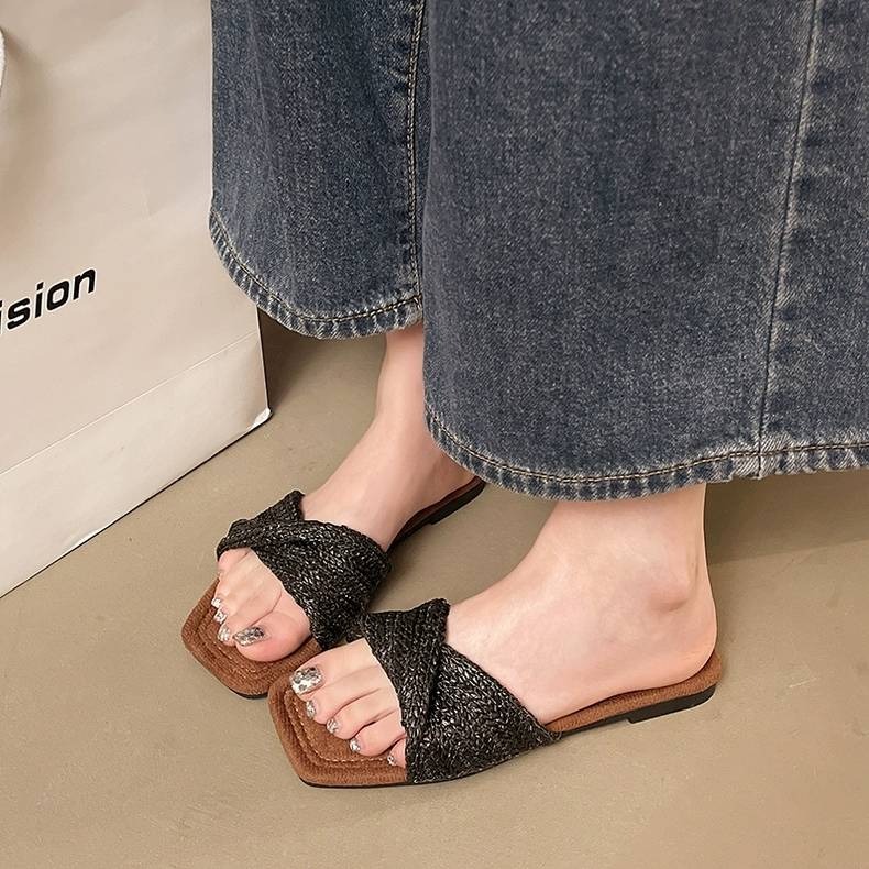 編織拖鞋 女拖鞋 草編拖鞋 交叉拖鞋 休閒拖鞋 夏季拖鞋 度假拖鞋 海邊拖鞋 平底拖鞋 百搭涼拖 韓系拖鞋 H1101-細節圖4