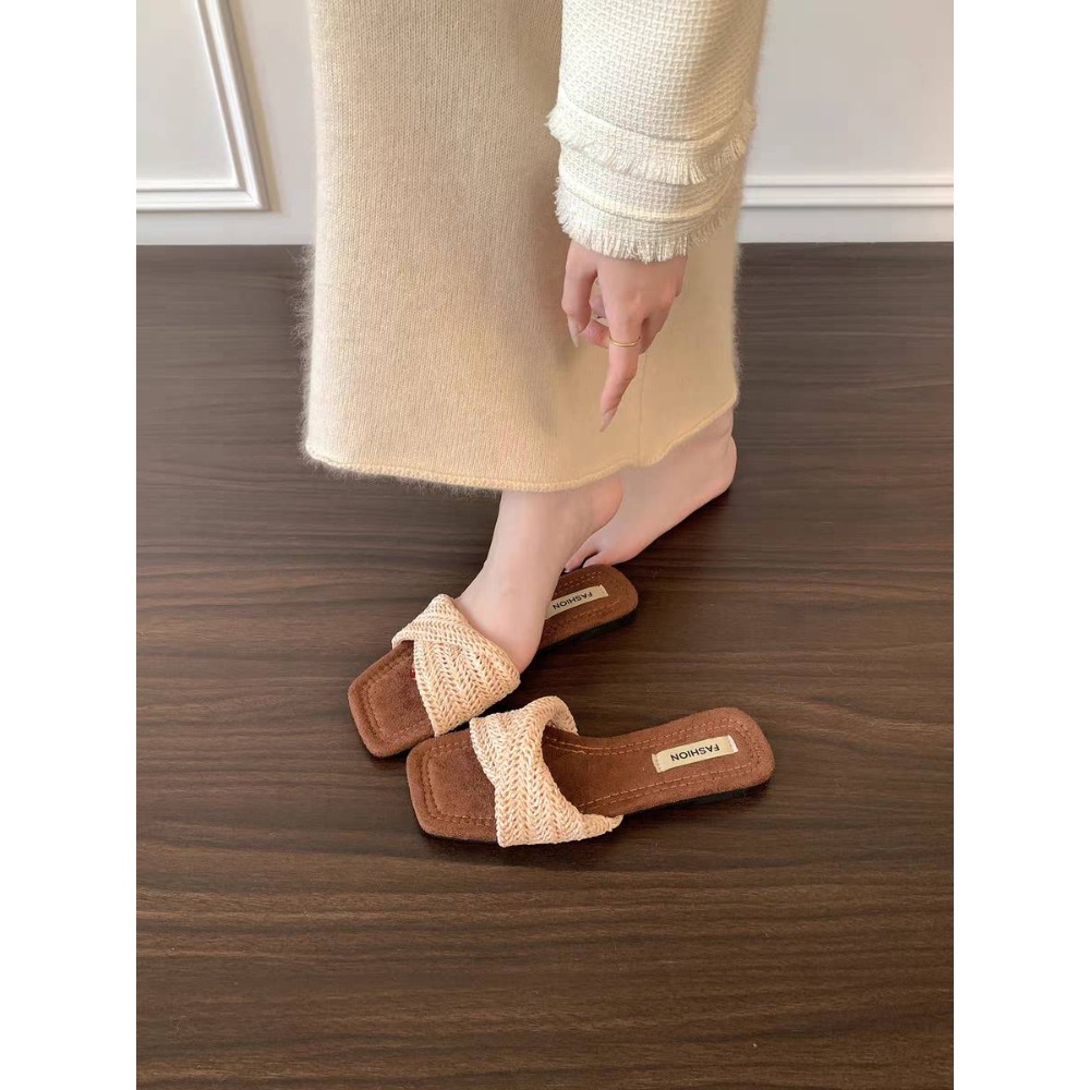 編織拖鞋 女拖鞋 草編拖鞋 交叉拖鞋 休閒拖鞋 夏季拖鞋 度假拖鞋 海邊拖鞋 平底拖鞋 百搭涼拖 韓系拖鞋 H1101-細節圖7