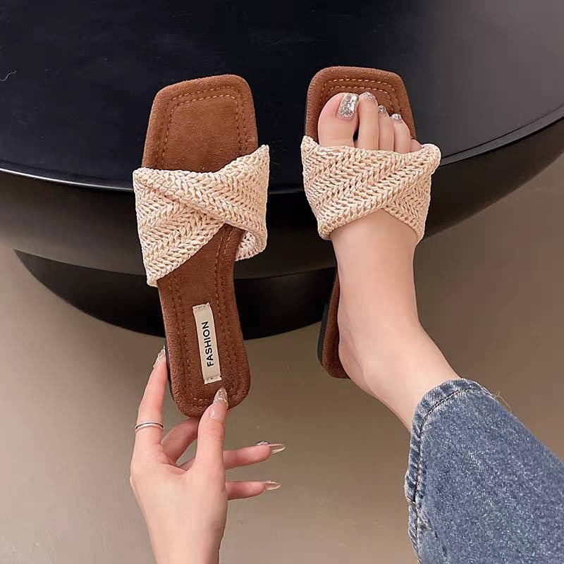 編織拖鞋 女拖鞋 草編拖鞋 交叉拖鞋 休閒拖鞋 夏季拖鞋 度假拖鞋 海邊拖鞋 平底拖鞋 百搭涼拖 韓系拖鞋 H1101-細節圖8