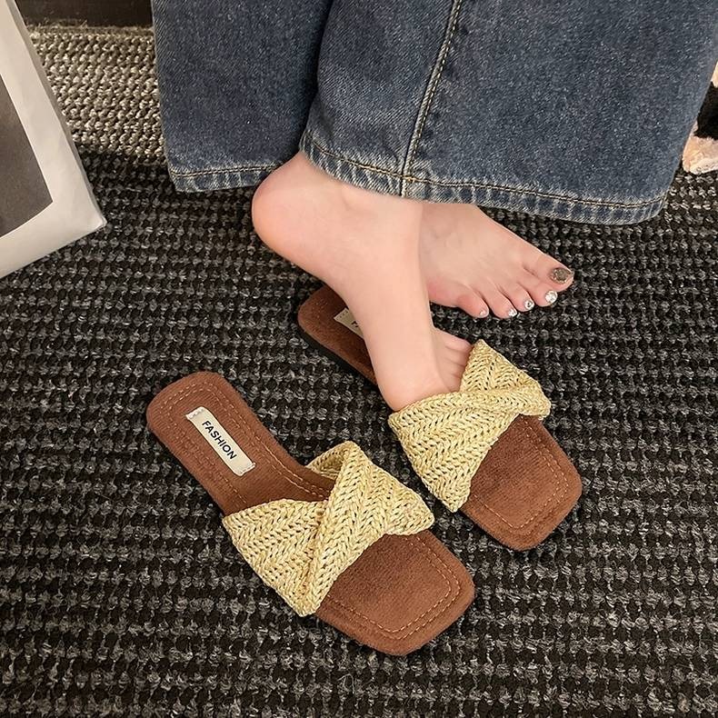 編織拖鞋 女拖鞋 草編拖鞋 交叉拖鞋 休閒拖鞋 夏季拖鞋 度假拖鞋 海邊拖鞋 平底拖鞋 百搭涼拖 韓系拖鞋 H1101-細節圖9