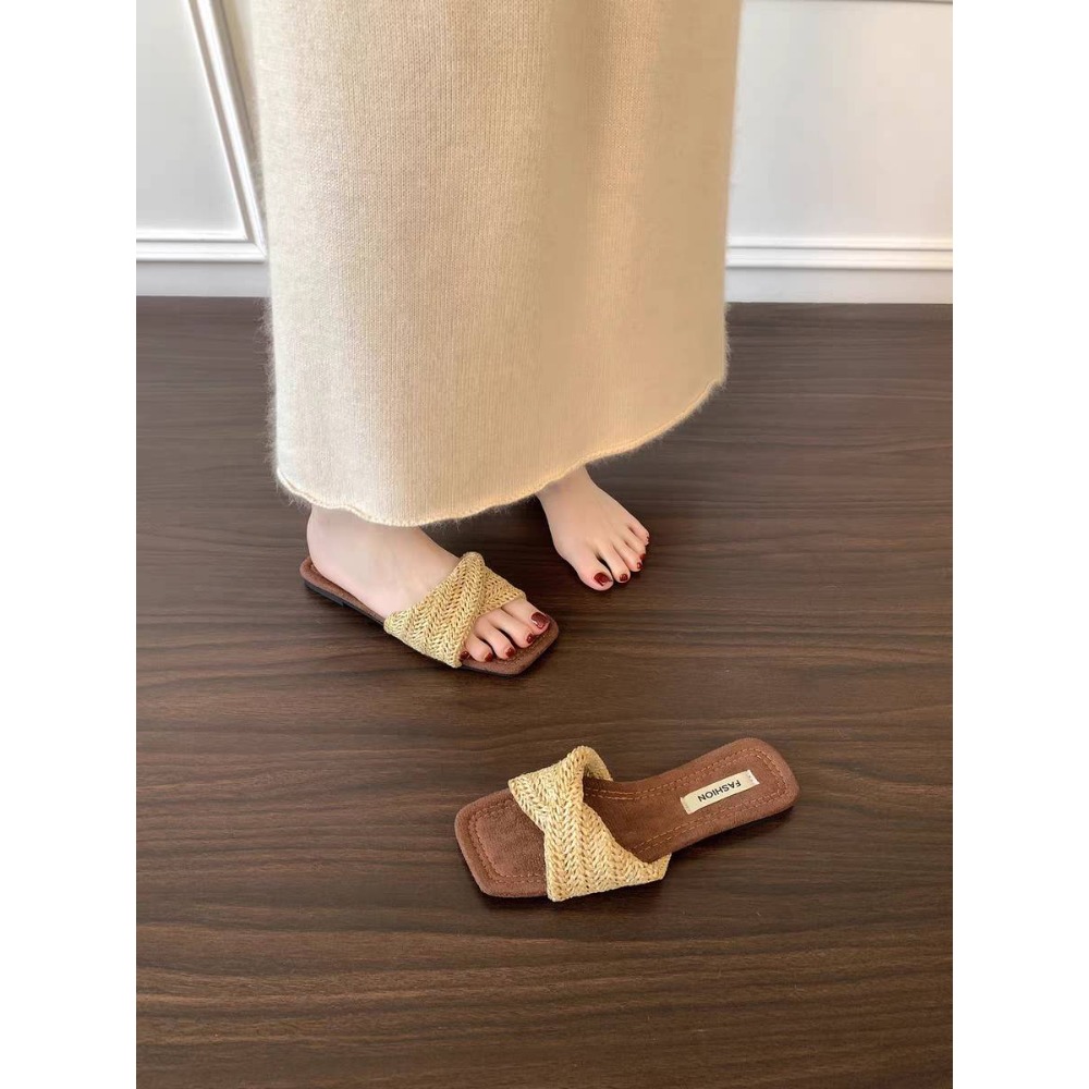 編織拖鞋 女拖鞋 草編拖鞋 交叉拖鞋 休閒拖鞋 夏季拖鞋 度假拖鞋 海邊拖鞋 平底拖鞋 百搭涼拖 韓系拖鞋 H1101-細節圖10