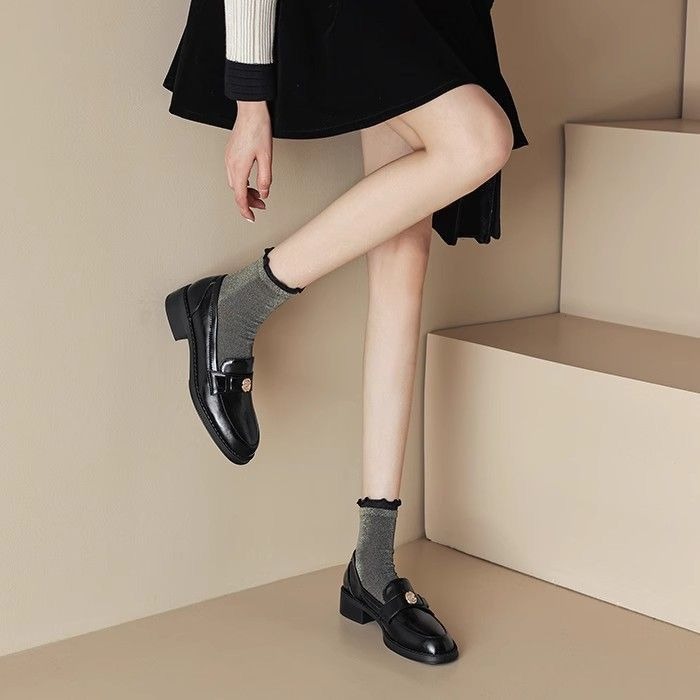 復古英倫風粗跟樂福鞋 山茶花 瑪莉珍鞋 小皮鞋 低跟娃娃鞋 芭蕾鞋 尖頭鞋 防潑水 瑪莉珍鞋 黑色 牛津鞋 G5033-細節圖2