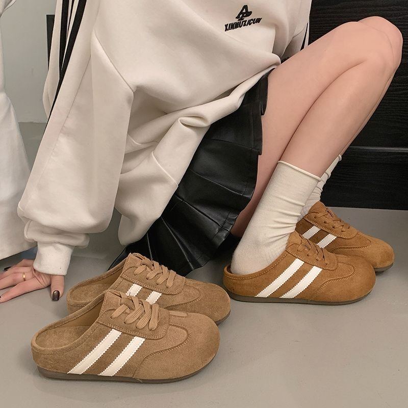 大尺碼42 韓國 韓版 質感 線條 麂皮 勃肯 包頭拖鞋 包鞋 美拉德 半拖 懶人鞋 穆勒鞋 小白鞋 休閒鞋 H7988-細節圖2