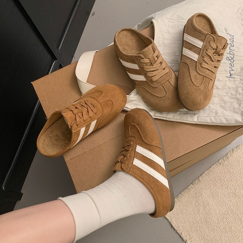 大尺碼42 韓國 韓版 質感 線條 麂皮 勃肯 包頭拖鞋 包鞋 美拉德 半拖 懶人鞋 穆勒鞋 小白鞋 休閒鞋 H7988-細節圖3