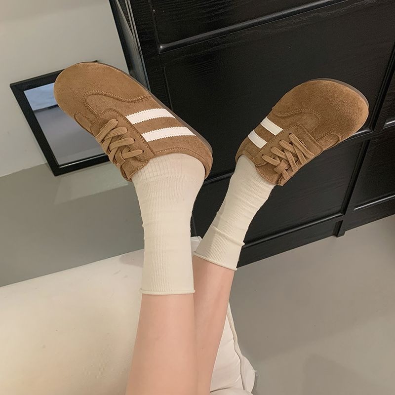 大尺碼42 韓國 韓版 質感 線條 麂皮 勃肯 包頭拖鞋 包鞋 美拉德 半拖 懶人鞋 穆勒鞋 小白鞋 休閒鞋 H7988-細節圖6