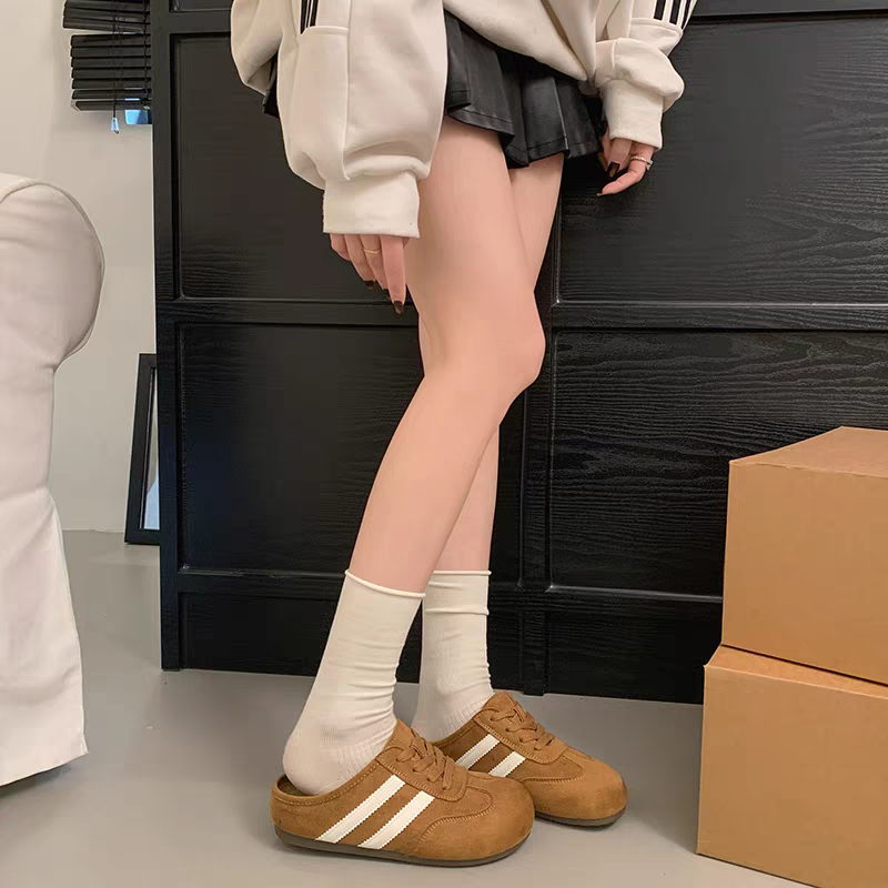 大尺碼42 韓國 韓版 質感 線條 麂皮 勃肯 包頭拖鞋 包鞋 美拉德 半拖 懶人鞋 穆勒鞋 小白鞋 休閒鞋 H7988-細節圖8