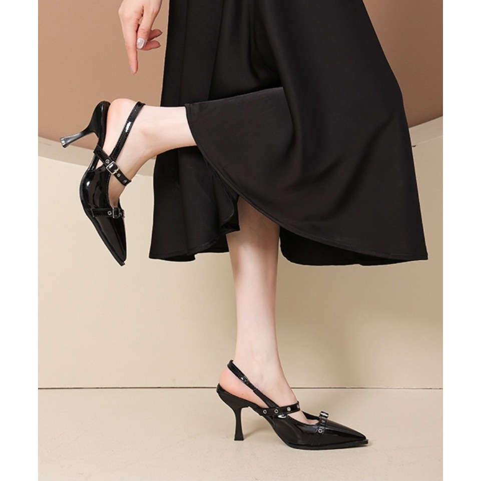 2026新款 法式尖頭高跟鞋 女 扣帶細跟涼鞋 貓跟鞋 顯瘦百搭 後空穆勒鞋 氣質名媛 職場通勤 黑色/米白 G3398-細節圖4