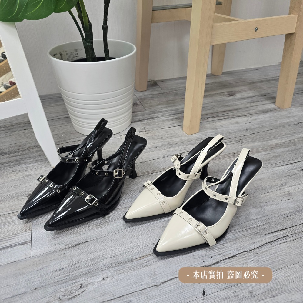 2026新款 法式尖頭高跟鞋 女 扣帶細跟涼鞋 貓跟鞋 顯瘦百搭 後空穆勒鞋 氣質名媛 職場通勤 黑色/米白 G3398-細節圖7