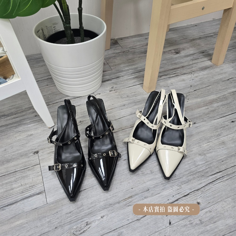 2026新款 法式尖頭高跟鞋 女 扣帶細跟涼鞋 貓跟鞋 顯瘦百搭 後空穆勒鞋 氣質名媛 職場通勤 黑色/米白 G3398-細節圖8