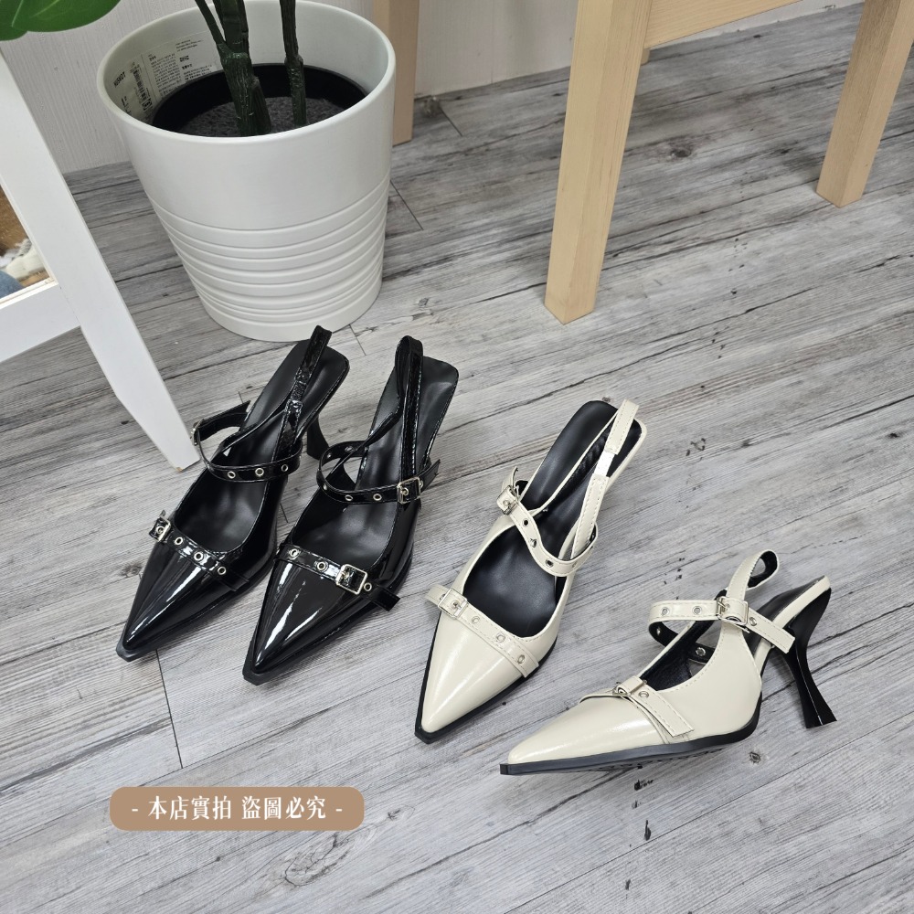 2026新款 法式尖頭高跟鞋 女 扣帶細跟涼鞋 貓跟鞋 顯瘦百搭 後空穆勒鞋 氣質名媛 職場通勤 黑色/米白 G3398-細節圖9