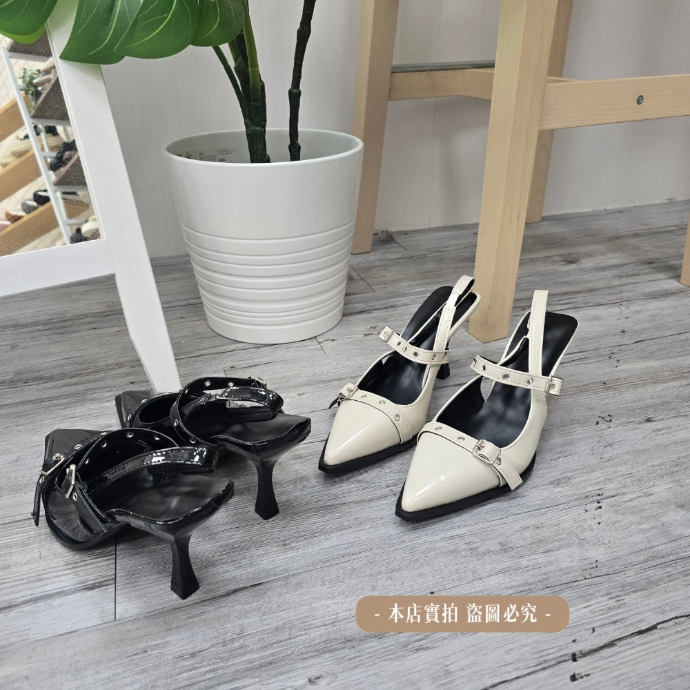 2026新款 法式尖頭高跟鞋 女 扣帶細跟涼鞋 貓跟鞋 顯瘦百搭 後空穆勒鞋 氣質名媛 職場通勤 黑色/米白 G3398-細節圖10