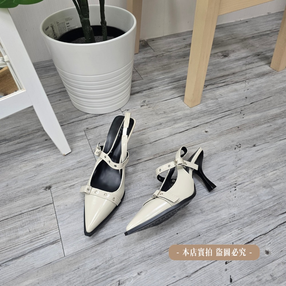 2026新款 法式尖頭高跟鞋 女 扣帶細跟涼鞋 貓跟鞋 顯瘦百搭 後空穆勒鞋 氣質名媛 職場通勤 黑色/米白 G3398-規格圖11