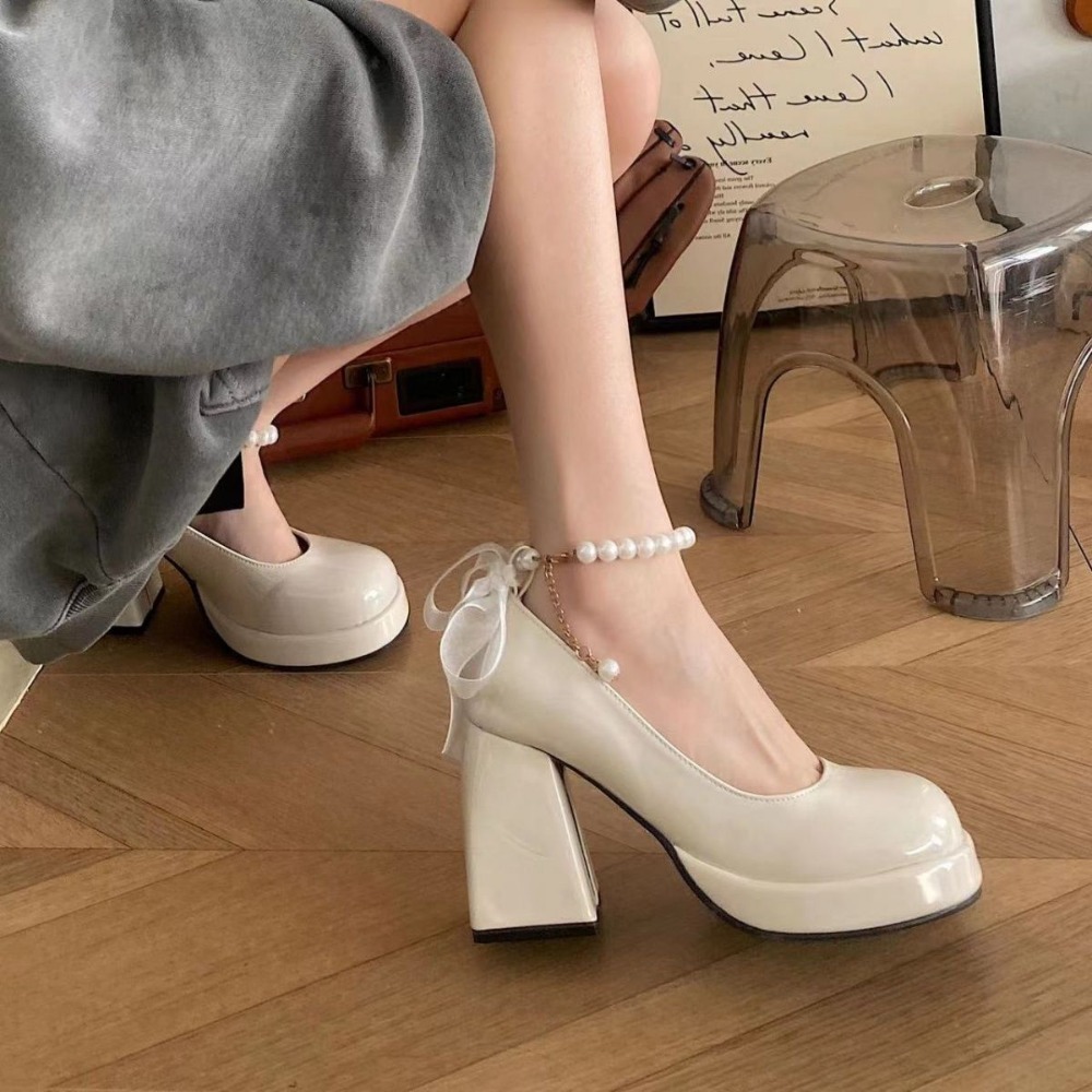 2026新款 珍珠瑪莉珍鞋 法式復古 蝴蝶結 粗跟 厚底 芭蕾舞鞋 韓版 漆皮 圓頭 單鞋 學生 JK 配裙子 H738-細節圖8