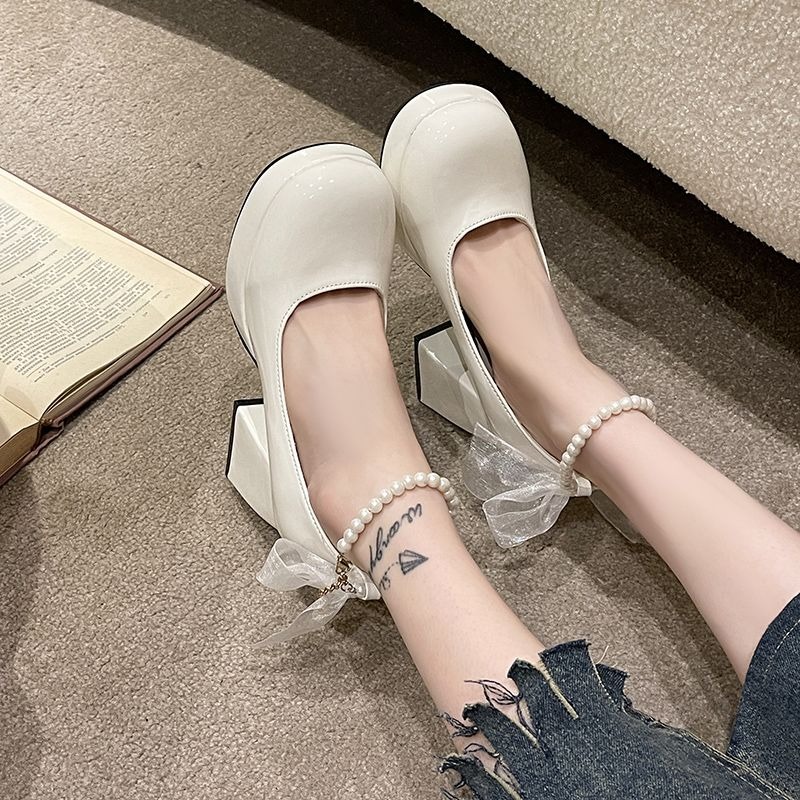 2026新款 珍珠瑪莉珍鞋 法式復古 蝴蝶結 粗跟 厚底 芭蕾舞鞋 韓版 漆皮 圓頭 單鞋 學生 JK 配裙子 H738-細節圖9