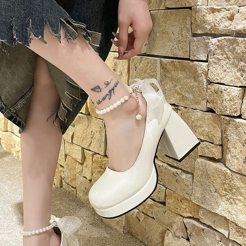 2026新款 珍珠瑪莉珍鞋 法式復古 蝴蝶結 粗跟 厚底 芭蕾舞鞋 韓版 漆皮 圓頭 單鞋 學生 JK 配裙子 H738-細節圖10