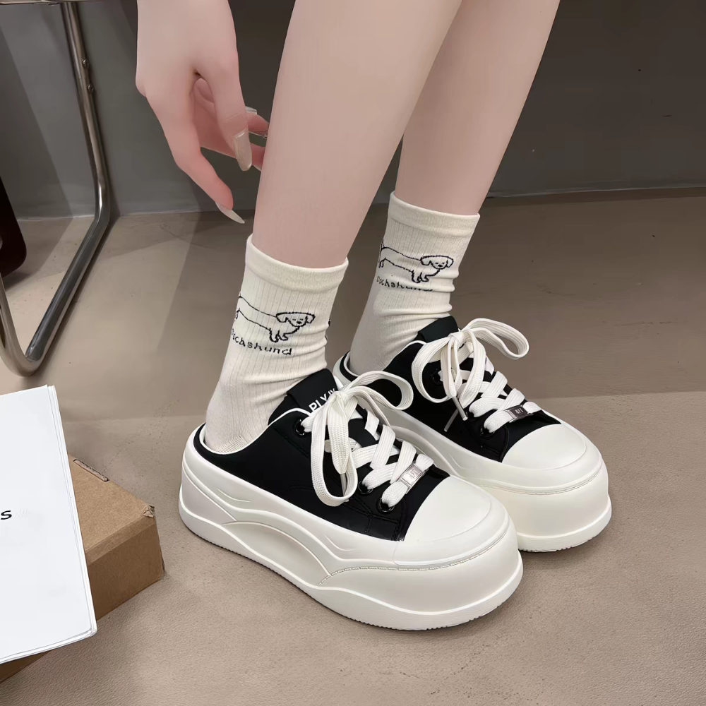 ​厚底半拖鞋 女 增高 帆布鞋 懶人鞋 穆勒鞋 2026 韓國 顯瘦 餅乾鞋 百搭 外穿 拖鞋 小白鞋 2616-1-細節圖2