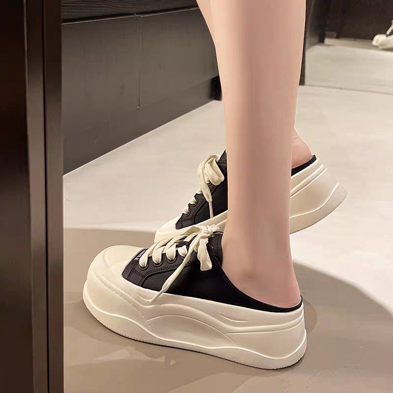 ​厚底半拖鞋 女 增高 帆布鞋 懶人鞋 穆勒鞋 2026 韓國 顯瘦 餅乾鞋 百搭 外穿 拖鞋 小白鞋 2616-1-細節圖3