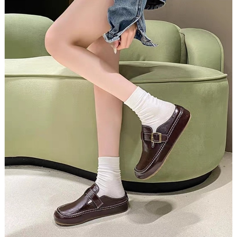 厚底半拖鞋 女 樂福鞋 穆勒鞋 韓國 復古 皮鞋 增高 顯瘦 懶人鞋 圓頭 軟底 黑色 咖啡色 學生 百搭 外穿H248-細節圖10