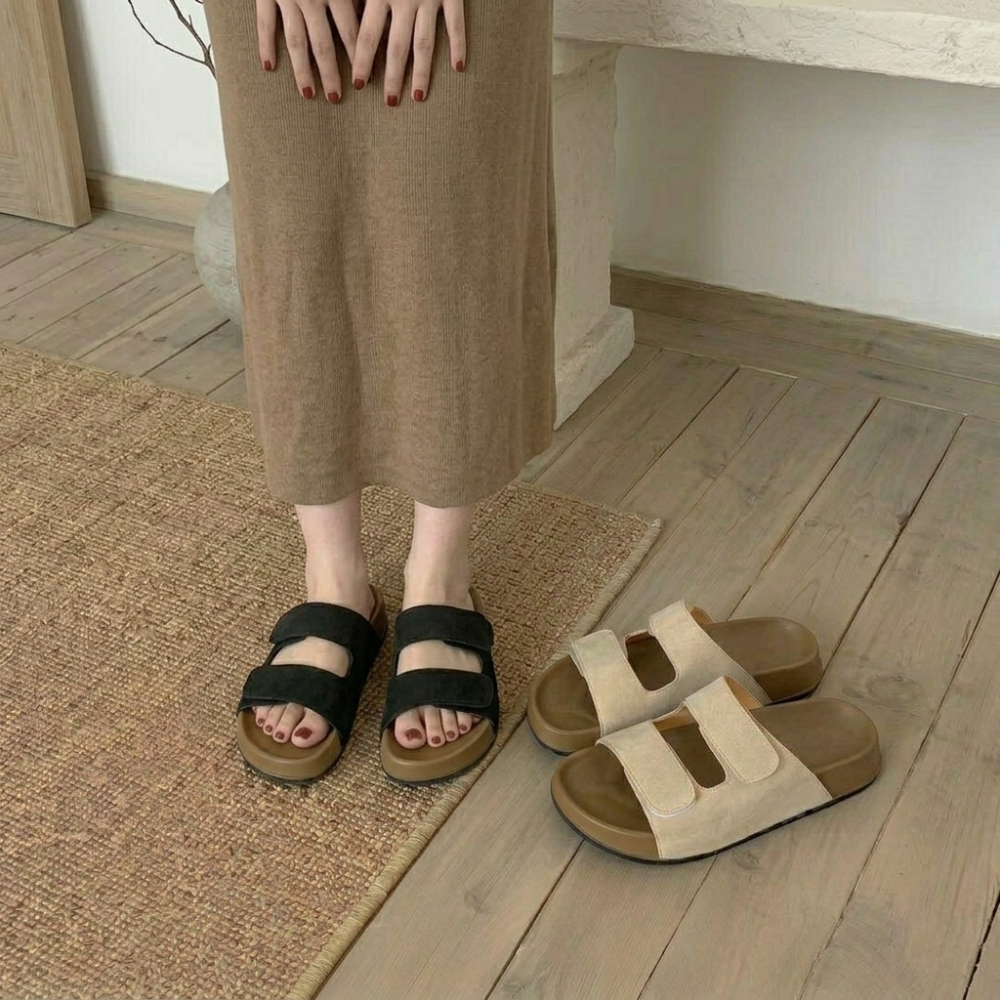 厚底拖鞋 女 涼拖鞋 雙帶 魔鬼氈 懶人鞋 增高 顯瘦 軟底 一字拖 黑色 杏色 學生 百搭 外穿 沙灘 QQ1818-細節圖4