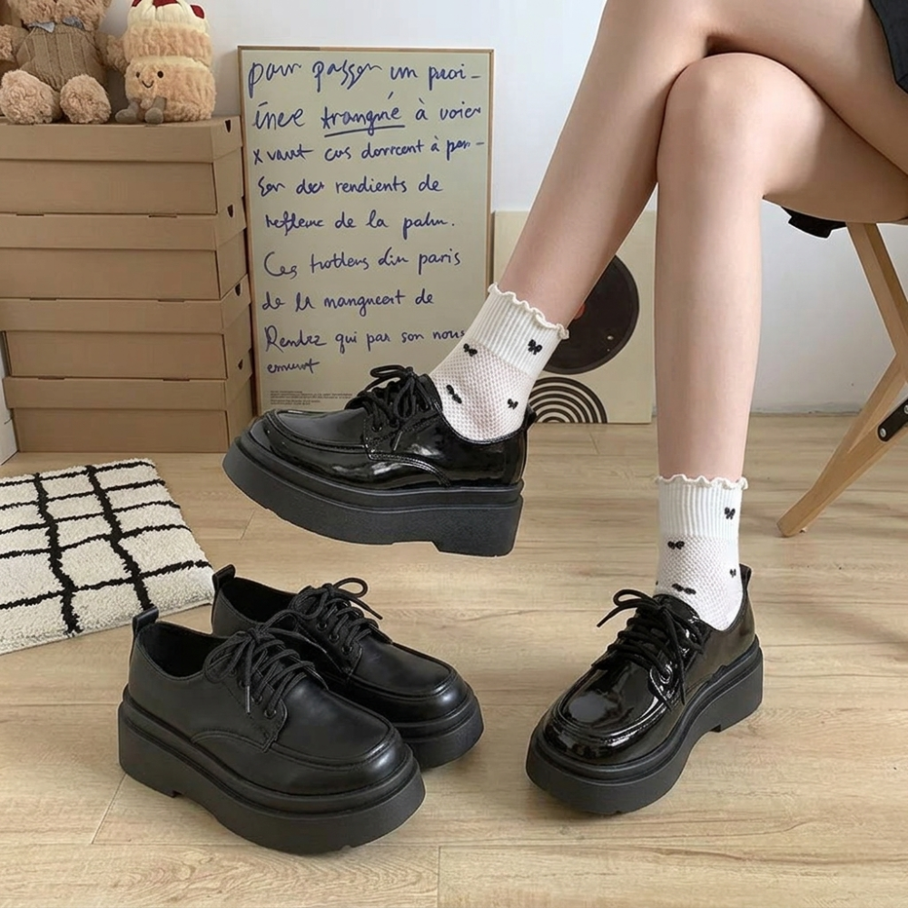 ​厚底小皮鞋 女 英倫風 繫帶 增高 顯瘦 鬆糕鞋 黑色 圓頭 瑪莉珍鞋 JK 制服鞋 韓版 H8854 H9123-細節圖2