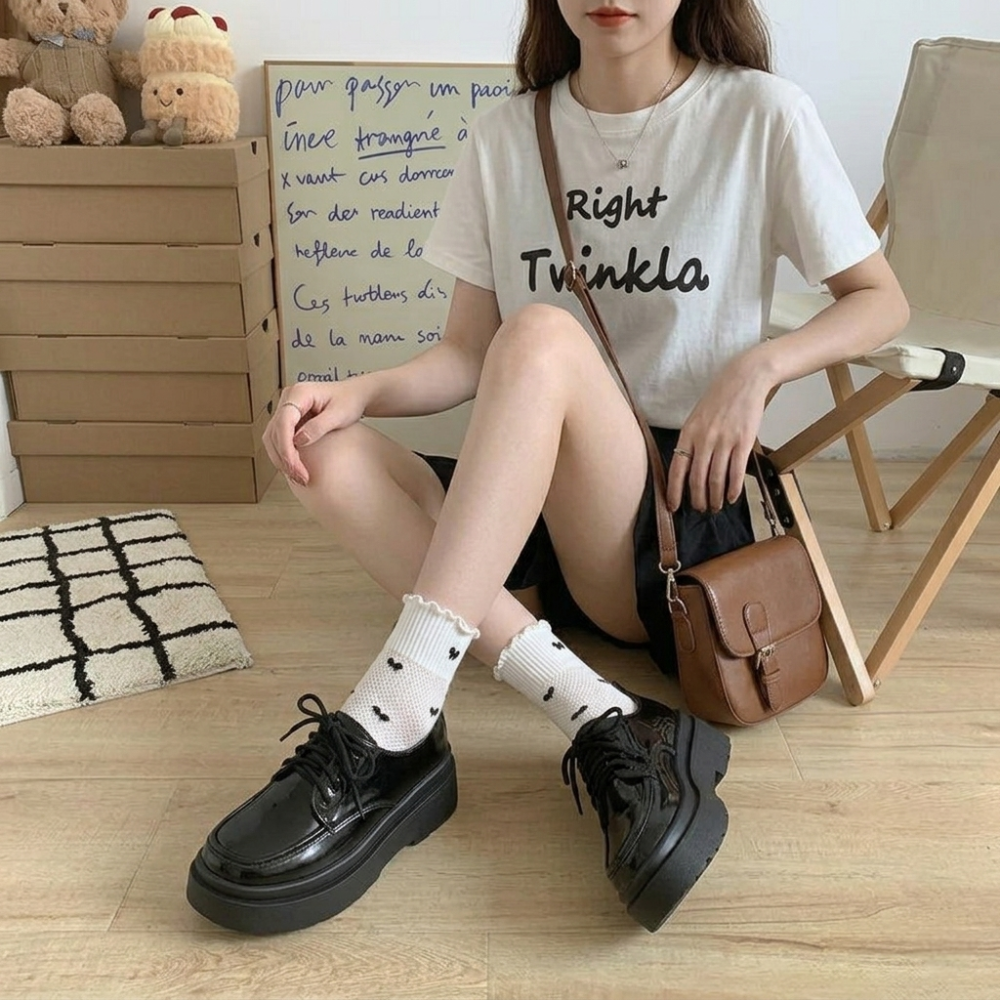 ​厚底小皮鞋 女 英倫風 繫帶 增高 顯瘦 鬆糕鞋 黑色 圓頭 瑪莉珍鞋 JK 制服鞋 韓版 H8854 H9123-細節圖3