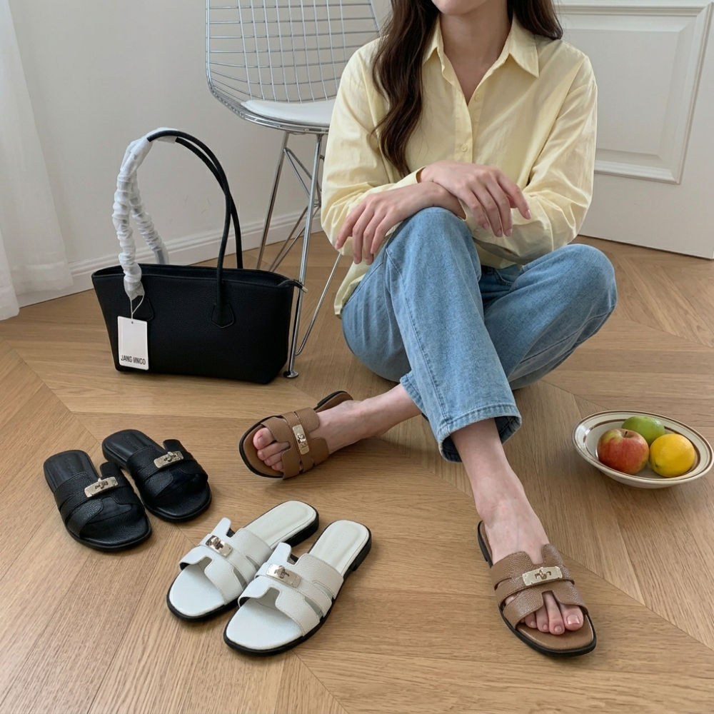 ​拖鞋 女鞋 涼拖鞋 平底涼鞋 H型 一字拖 懶人鞋 外穿 氣質 名媛風 法式 金屬扣 凱莉包同款 韓系 H5979-細節圖9