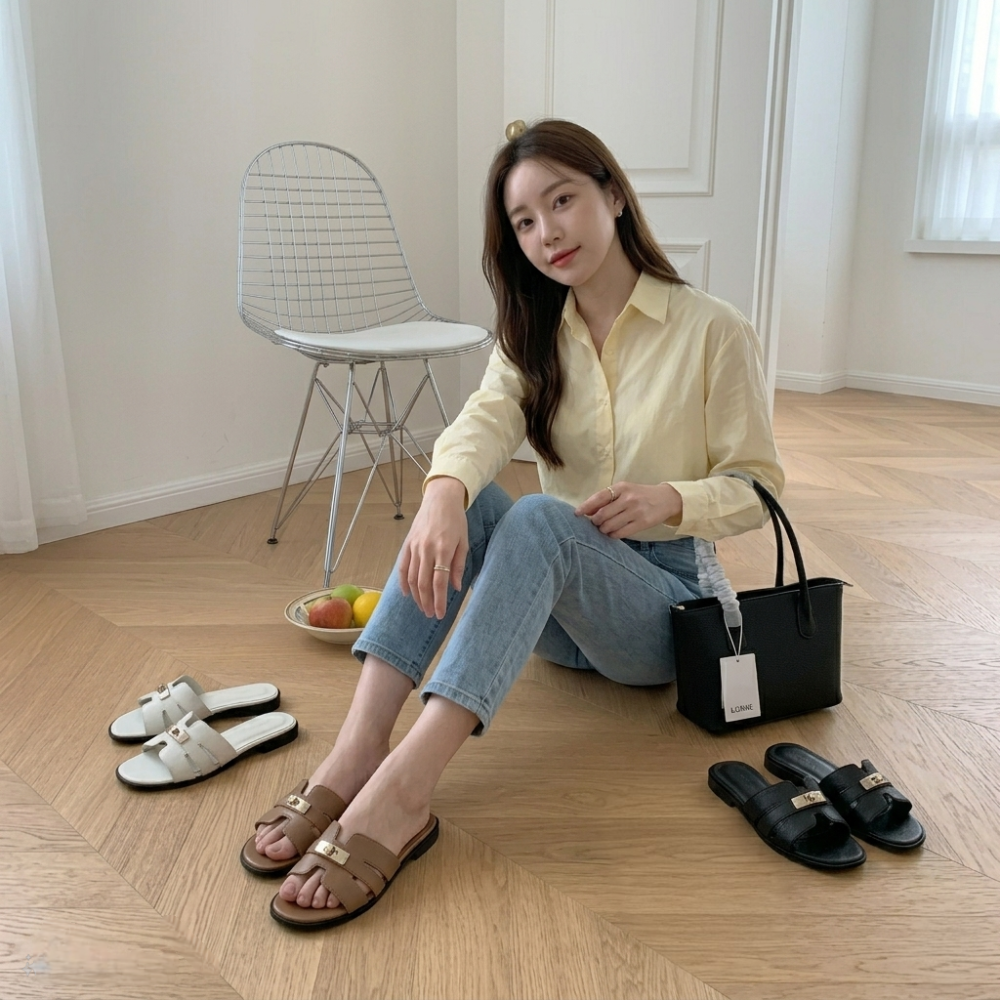 ​拖鞋 女鞋 涼拖鞋 平底涼鞋 H型 一字拖 懶人鞋 外穿 氣質 名媛風 法式 金屬扣 凱莉包同款 韓系 H5979-細節圖11
