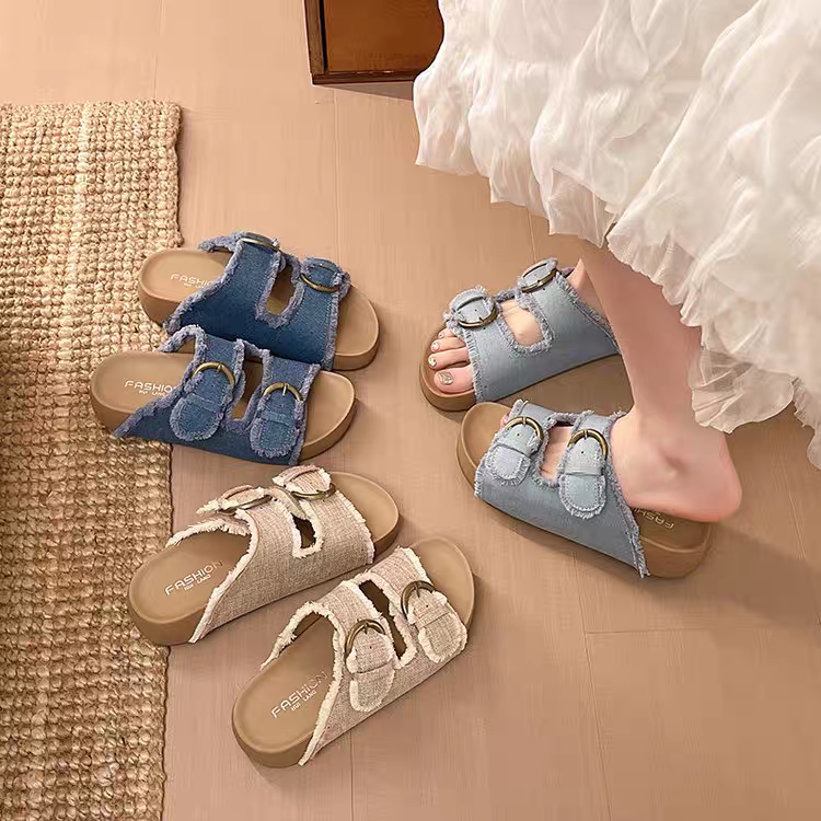 ​厚底涼拖鞋 女鞋 夾腳拖 抽鬚 丹寧 帆布 一字拖 懶人鞋 鬆糕鞋 增高 顯瘦 沙灘鞋 韓系 百搭 氣質 H8441-細節圖3