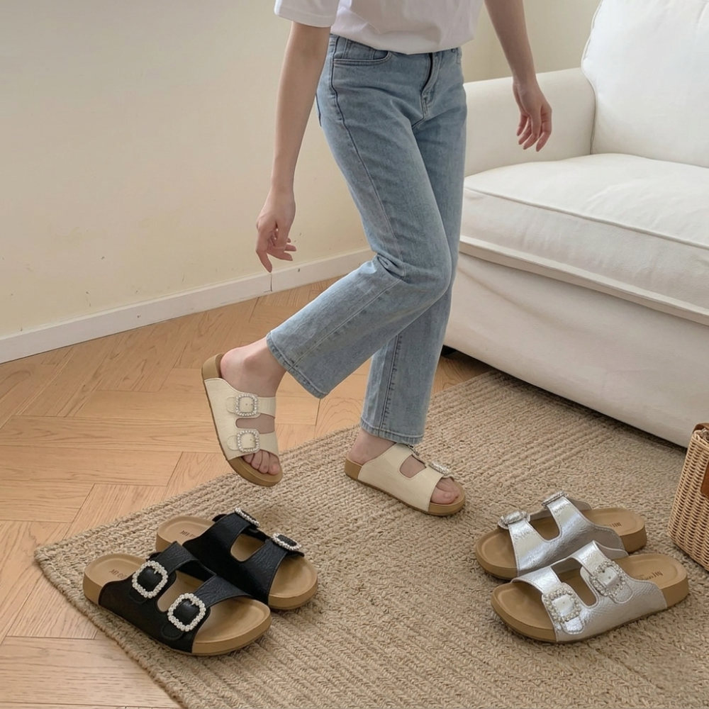 韓國同款 外穿 水鑽 涼拖鞋 方扣 雙帶 勃肯風 踩屎感 厚底 涼鞋 軟底 防滑 顯白 輕奢 氣質 H8459-細節圖5