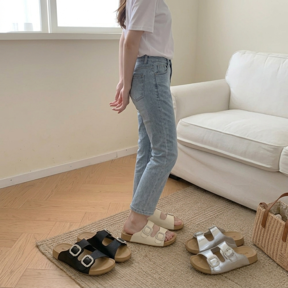 韓國同款 外穿 水鑽 涼拖鞋 方扣 雙帶 勃肯風 踩屎感 厚底 涼鞋 軟底 防滑 顯白 輕奢 氣質 H8459-細節圖6