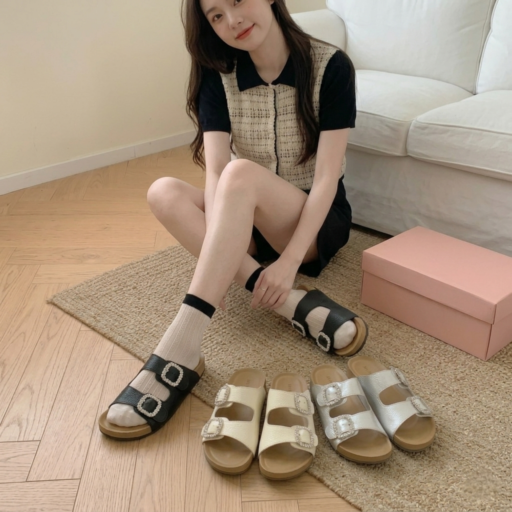 韓國同款 外穿 水鑽 涼拖鞋 方扣 雙帶 勃肯風 踩屎感 厚底 涼鞋 軟底 防滑 顯白 輕奢 氣質 H8459-細節圖8