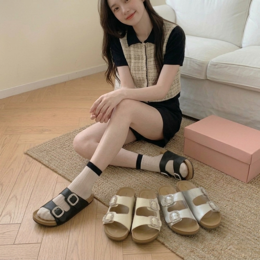 韓國同款 外穿 水鑽 涼拖鞋 方扣 雙帶 勃肯風 踩屎感 厚底 涼鞋 軟底 防滑 顯白 輕奢 氣質 H8459-細節圖9