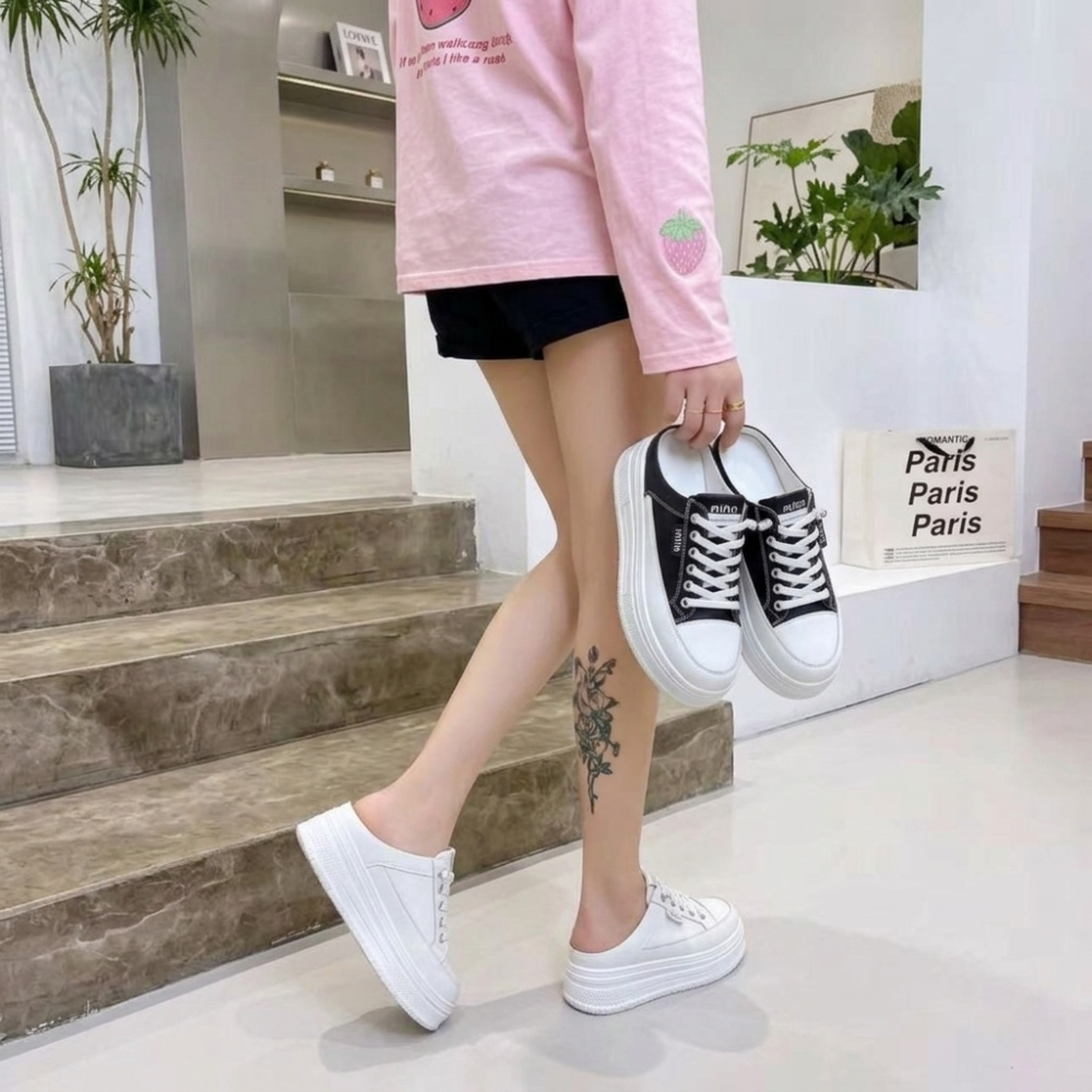 厚底內增高 懶人帆布鞋 女 無後跟 韓版 小白鞋 顯瘦 包頭半拖鞋 百搭 一腳蹬 休閒 鬆糕底 學生 女鞋 6826-細節圖3