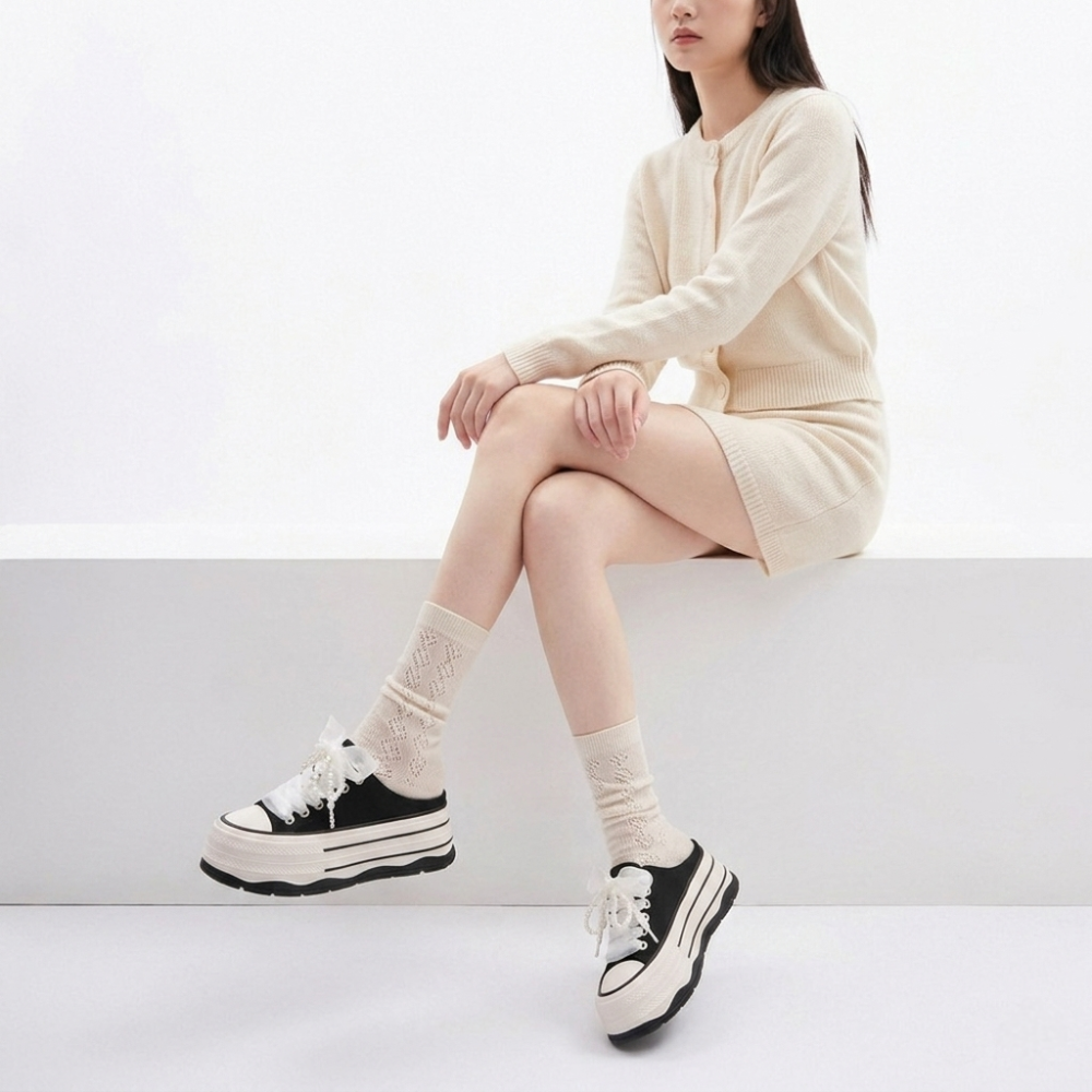 珍珠蝴蝶結厚底懶人鞋 女 無後跟 帆布鞋 內增高 鬆糕底 小白鞋 半拖鞋 顯瘦 韓版 仙女風 學生 百搭 甜美H8808-細節圖3