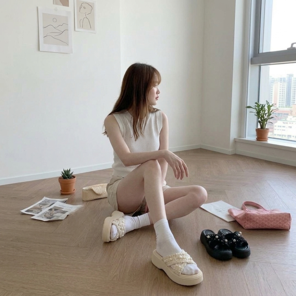 ​小香風 珍珠 拖鞋 女 夏 粗花呢 交叉 涼鞋 厚底 增高 顯瘦 法式 氣質 配襪子 外穿 懶人 涼拖鞋 H7743-細節圖3