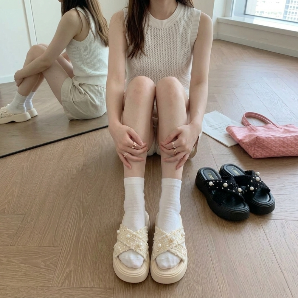 ​小香風 珍珠 拖鞋 女 夏 粗花呢 交叉 涼鞋 厚底 增高 顯瘦 法式 氣質 配襪子 外穿 懶人 涼拖鞋 H7743-細節圖6