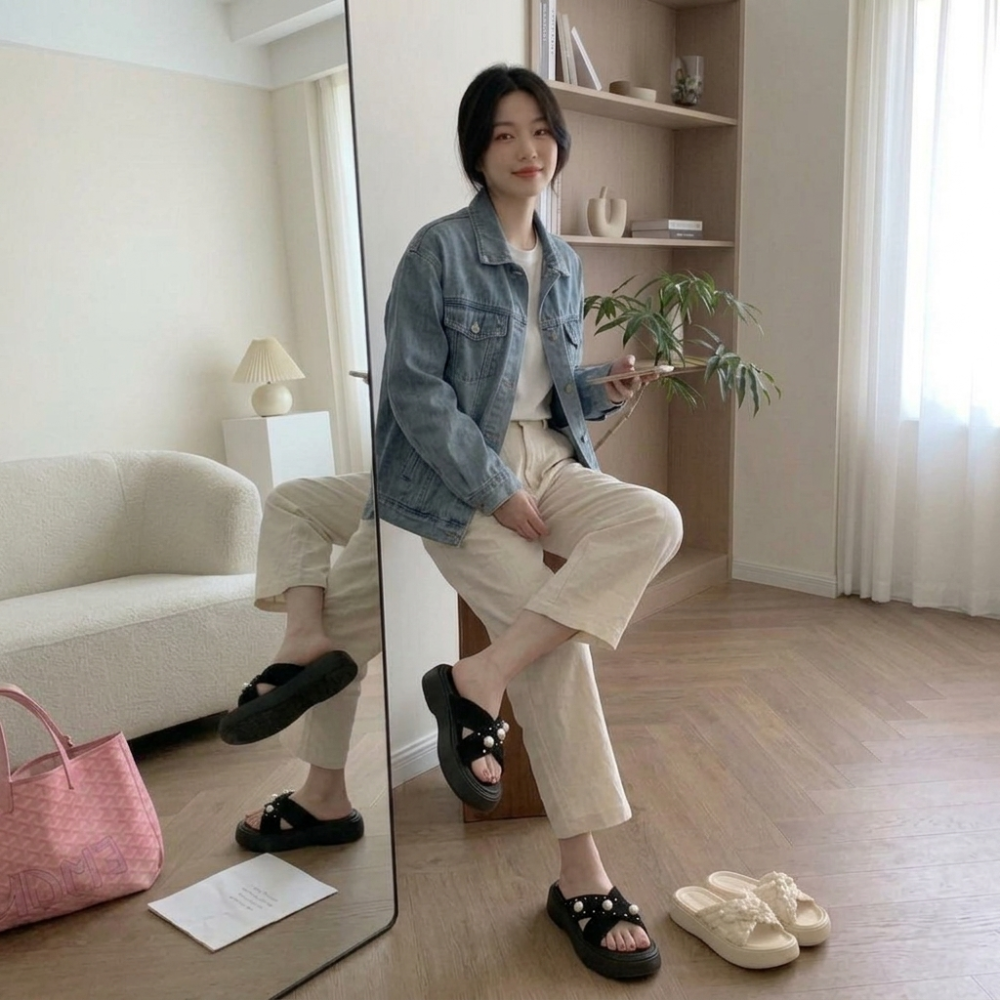 ​小香風 珍珠 拖鞋 女 夏 粗花呢 交叉 涼鞋 厚底 增高 顯瘦 法式 氣質 配襪子 外穿 懶人 涼拖鞋 H7743-細節圖8